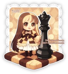 Rule 34 | 1girl, :d, argyle, artist name, black pantyhose, brown eyes, brown hair, checkerboard cookie, checkered clothes, checkered dress, chess piece, chibi, commentary, cookie, dav-19, dress, food, full body, lace background, layered sleeves, light brown hair, long hair, long sleeves, looking at viewer, multicolored hair, no shoes, open mouth, original, pantyhose, personification, puffy short sleeves, puffy sleeves, queen (chess), short over long sleeves, short sleeves, smile, solo, standing, transparent background, very long hair, watermark, web address, wide sleeves