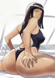 Rule 34 | 1girl, absurdres, arado balanga (xchd7538), ass, ass grab, black hair, blunt bangs, breasts, competition swimsuit, covered erect nipples, from behind, grabbing own ass, highres, hime cut, huge ass, hyuuga hinata, indoors, large breasts, light smile, long hair, looking at viewer, looking back, naruto, naruto (series), one-piece swimsuit, pool, puffy nipples, rei no pool, sitting, solo, straight hair, swimsuit, thighs, wariza, white eyes