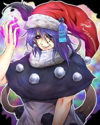 Rule 34 | 1girl, blob, blue eyes, blue hair, capelet, doremy sweet, dress, earrings, eyeliner, eyeshadow, facial mark, fur trim, hand up, hat, jewelry, makeup, matching hair/eyes, multicolored background, nightcap, pom pom (clothes), purple lips, ryuuichi (f dragon), short hair, smile, solo, tail, tapir tail, touhou, upper body, white dress