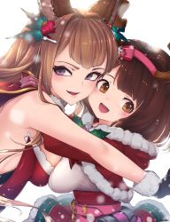 Rule 34 | 2girls, :d, artist name, asymmetrical docking, bad id, bad twitter id, bare shoulders, belt, black gloves, blush, breast press, breasts, brown eyes, brown hair, capelet, cheek-to-cheek, christmas, commentary, draph, erune, fake antlers, from side, fur-trimmed capelet, fur-trimmed skirt, fur trim, gloves, granblue fantasy, hair ornament, hairband, head tilt, heads together, highres, hug, kashu (hizake), long hair, long sleeves, looking at viewer, looking to the side, medium breasts, medium hair, metera (granblue fantasy), mole, mole under mouth, multiple girls, open mouth, pink belt, pink gloves, pink hairband, purple eyes, red capelet, red skirt, shirt, skirt, smile, snowing, star (symbol), swept bangs, upper body, white background, white shirt, yaia (granblue fantasy)