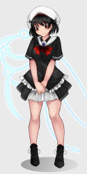 Rule 34 | 1girl, adapted costume, aoshima, asymmetrical wings, black dress, black hair, bow, bowtie, breasts, brooch, commentary request, dress, frilled dress, frills, hat, highres, houjuu nue, jewelry, large breasts, layered dress, lipstick, looking at viewer, makeup, red eyes, short dress, short hair, short sleeves, smile, solo, touhou, v arms, wings