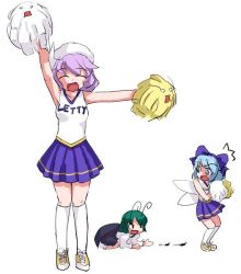 Rule 34 | 3girls, antennae, arthropod girl, artist request, blouse, blue hair, breasts, bug, cape, cheerleader, cirno, closed eyes, clothes writing, fairy, fairy wings, female focus, green hair, kedama (touhou), kneehighs, letty whiterock, looking at another, medium hair, multiple girls, on ground, open mouth, pink hair, pom pom (cheerleading), shirt, shoes, short hair, simple background, skirt, socks, source request, surprised, tagme, touhou, white background, wings, wriggle nightbug