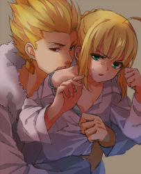 Rule 34 | 1boy, 1girl, ahoge, artoria pendragon (all), artoria pendragon (fate), blonde hair, casual, earrings, fate/stay night, fate (series), from behind, fur trim, gilgamesh (fate), green eyes, ha84no, hair slicked back, hetero, jewelry, official alternate costume, red eyes, saber (fate), undressing