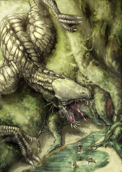 Rule 34 | akakatta, blue eyes, claws, creature, dragon, fangs, fantasy, giant, highres, long tongue, monster, nature, open mouth, reptile, riding, saliva, scales, size difference, stream, sword, teeth, tongue, tongue out, tree, water, weapon, you gonna get raped