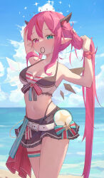 Rule 34 | 1girl, absurdres, aqua eyes, armpits, asymmetrical wings, beach, belt, bikini, cloud, cowboy shot, demon horns, double halo, g-string, hair between eyes, hair tie, hair tie in mouth, halo, heterochromia, highres, holding, holding hair, hololive, hololive english, hololive summer 2023 swimsuit, horns, irys (hololive), long hair, miniskirt, mouth hold, navel, pink eyes, pointy ears, ponytail, qingyunmengyi, ribbon, skirt, sky, solo, star halo, star ornament, swimsuit, thigh strap, thighs, thong, very long hair, virtual youtuber, white belt, wings
