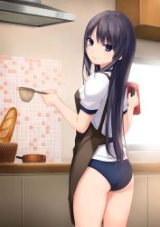 Rule 34 | 1girl, apron, ass, bare legs, basket, black hair, bread, buruma, cabinet, closed mouth, coffee-kizoku, coffee pot, commentary request, food, gym shirt, gym uniform, highres, holding, indoors, kitchen, long hair, looking at viewer, looking back, original, purple eyes, shiramine rika, shirt, short sleeves, solo, thighs, underwear, white shirt, window