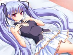 Rule 34 | 1girl, bed, blue hair, blush, frills, game cg, ginta, long hair, lying, red eyes, skirt, sleeveless, solo, sugar + spice, twintails