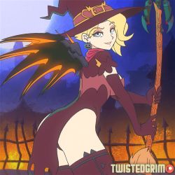 Rule 34 | 1girl, alternate costume, animated, arm support, ass, black hat, blonde hair, blue eyes, breasts, brooch, brown dress, brown gloves, brown thighhighs, cape, capelet, closed mouth, dress, earrings, elbow gloves, gem, gloves, halloween, halloween costume, hat, head tilt, highres, jewelry, large breasts, looking at viewer, looking back, mechanical wings, mercy (overwatch), moon, night, night sky, overwatch, overwatch 1, pink lips, red cape, short sleeves, skin tight, sky, smile, solo, spread wings, thighhighs, thighs, twistedgrim, weapon, wings, witch, witch hat, witch mercy