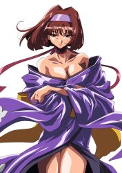 Rule 34 | 1girl, arms under breasts, breast hold, breasts, brown eyes, brown hair, cleavage, crossed arms, hairband, highres, japanese clothes, kanzaki sumire, large breasts, legs, looking at viewer, no bra, sakura taisen, seductive gaze, seductive smile, sega, short hair, smile, solo, thighs