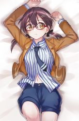 Rule 34 | 1girl, blue shorts, blush, breasts, brown eyes, brown hair, gertrud barkhorn, glasses, hair ornament, hairclip, looking at viewer, lying, navel, necktie, niina ryou, on back, open mouth, shirt, shorts, small breasts, solo, strike witches, striped clothes, striped shirt, world witches series