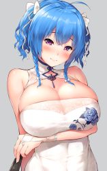 Rule 34 | 1girl, ahoge, ashikase00, azur lane, bad id, bad pixiv id, bare shoulders, blue hair, blush, braid, breasts, china dress, chinese clothes, cleavage, closed mouth, commentary request, covered navel, dress, floral print, folded fan, folding fan, gloves, grey background, hair ribbon, hand fan, highres, holding, large breasts, long hair, looking at viewer, paper fan, purple eyes, ribbon, shiny skin, simple background, smile, solo, st. louis (azur lane), st. louis (blue and white pottery) (azur lane), taut clothes, white dress, white gloves