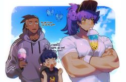 + +, 3boys, alternate costume, alternate hairstyle, bangs, baseball cap, blush, brothers, brown hair, bubble tea, bubble tea challenge, butterfree, character print, chariko, clenched hands, cloud, creatures (company), crossed arms, cup, dark skin, dark skinned male, drinking, drinking straw, drinking straw in mouth, earrings, english text, fang, game freak, gen 1 pokemon, glint, grey hoodie, half-closed eyes, hands up, hat, holding, holding cup, hood, hood down, hoodie, hop (pokemon), jewelry, leon (pokemon), long hair, long sleeves, male focus, multiple boys, muscular, muscular male, nintendo, open mouth, orange eyes, pikachu, pokemon, pokemon (creature), pokemon (game), pokemon swsh, ponytail, purple hair, raihan (pokemon), shirt, short hair, short sleeves, siblings, sky, sparkle, symbol commentary, t-shirt, undercut, white shirt, wristband