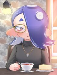 Rule 34 | 1girl, amakusa setoka, bespectacled, blue hair, blush, cafe, cephalopod eyes, cheesecake, coffee, commentary request, cup, ear blush, earrings, food, glasses, hair over one eye, highres, jewelry, looking at viewer, multiple earrings, necklace, nintendo, octoling, one eye covered, plate, red eyes, round eyewear, shiver (splatoon), solo, splatoon (series), splatoon 3, suction cups, tea, teacup, tentacle hair, tooth earrings, turtleneck, yellow-framed eyewear