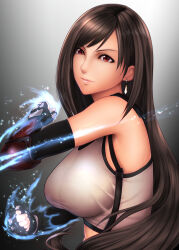 Rule 34 | 1girl, belt, big.g, black gloves, black hair, breasts, earrings, final fantasy, final fantasy vii, fingerless gloves, gloves, highres, incoming attack, jewelry, long hair, looking at viewer, red eyes, simple background, smile, solo, sports bra, tifa lockhart, upper body