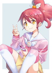 Rule 34 | 1girl, blush, cellphone, closed mouth, commentary request, dress, feet out of frame, grey background, hair between eyes, hand up, highres, holding, holding phone, jacket, knees up, looking at viewer, okiru, paprika private academy school uniform, phone, pink jacket, pleated dress, ponytail, pretty series, pripara, red hair, sailor collar, school uniform, shiratama mikan, sidelocks, sitting, smile, solo, thighhighs, two-tone background, v, white background, white sailor collar, white thighhighs, yellow dress, yellow eyes