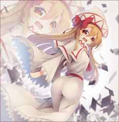 Rule 34 | 1girl, ass, blonde hair, blush, bow, breasts, fairy wings, frills, hair bow, lily white, long hair, long sleeves, looking at viewer, open mouth, red eyes, smile, solo, touhou, wide sleeves, wings, z.o.b