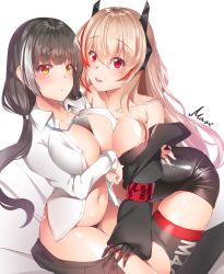 Rule 34 | 2girls, :d, artist name, bare shoulders, black hair, black skirt, blonde hair, blush, breasts, cleavage, closed mouth, collarbone, couple, eyes visible through hair, female focus, girls&#039; frontline, happy, heterochromia, large breasts, looking at viewer, m4 sopmod ii (girls&#039; frontline), maze yuri, multiple girls, name tag, neck, object on breast, open clothes, open mouth, open shirt, orange eyes, pleated skirt, red eyes, ro635 (girls&#039; frontline), round teeth, skirt, unworn skirt, smile, teeth, thighhighs, yellow eyes, yuri