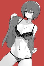 Rule 34 | 10s, 1girl, absurdres, bare shoulders, blush, bra, breasts, cleavage, collarbone, collared shirt, cowboy shot, frown, girls und panzer, gluteal fold, greyscale, hair between eyes, highres, lace, lace-trimmed bra, lace trim, large breasts, long sleeves, monochrome, muteki soda, navel, nishizumi maho, off shoulder, open clothes, open shirt, panties, red background, shirt, short hair, simple background, skindentation, solo, spot color, strap gap, sweat, sweatdrop, underwear, undressing
