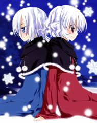 Rule 34 | androgynous, back-to-back, gender request, holding hands, noto (soranoto), original, sitting, smile, snow, snowflakes, snowing