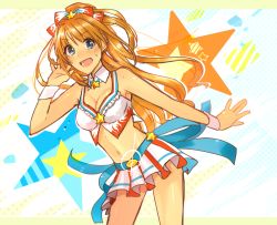 Rule 34 | 10s, 1girl, aqua eyes, bare shoulders, bow, breasts, cleavage, detached collar, hair bow, high ponytail, hino akane (idolmaster), idolmaster, idolmaster cinderella girls, lens flare, long hair, midriff, navel, open mouth, orange hair, peel, pleated skirt, ribbon, skirt, sleeveless, solo, star (symbol), sweat, wrist cuffs