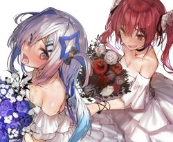 Rule 34 | 2girls, :d, akieda, amane kanata, anger vein, bare shoulders, black choker, blue flower, blue hair, blue rose, bouquet, choker, collarbone, colored inner hair, commentary request, dress, fang, flower, hair between eyes, highres, hololive, houshou marine, long hair, looking at another, multicolored hair, multiple girls, off-shoulder dress, off shoulder, open mouth, poking, red eyes, red flower, red hair, red rose, rose, short sleeves, simple background, skin fang, smile, streaked hair, twintails, virtual youtuber, wedding dress, white dress, white flower, white rose, yellow eyes