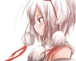 Rule 34 | 1girl, animal ears, bare shoulders, chikuwa savy, detached sleeves, floppy ears, from side, hat, inubashiri momiji, japanese clothes, kimono, pom pom (clothes), profile, red eyes, short hair, simple background, solo, tokin hat, touhou, white background