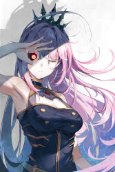 Rule 34 | 1girl, arm up, armpits, bare shoulders, black dress, blunt bangs, breasts, closed mouth, crown, dress, floating hair, glowing, glowing eye, hand over eye, highres, hololive, hololive english, ikkia, large breasts, long hair, looking at viewer, mori calliope, ok sign, ok sign over eye, one eye closed, orange eyes, pink hair, red eyes, shadow, sleeveless, solo, upper body, very long hair, virtual youtuber