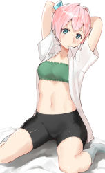 Rule 34 | 10s, 1girl, arms behind head, arms up, kantai collection, looking at viewer, pink hair, poco (backboa), shiranui (kancolle), short hair, simple background, sitting, solo, wariza, white background