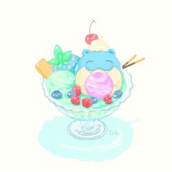 Rule 34 | blueberry, bowl, cherry, closed eyes, creatures (company), fangs, food, fruit, game freak, gen 3 pokemon, happy, highres, ice cream, nintendo, nostrils, pocky, pokemon, pokemon (creature), raspberry, signature, simple background, solo, spheal, titan db1, wafer stick, whipped cream, white background