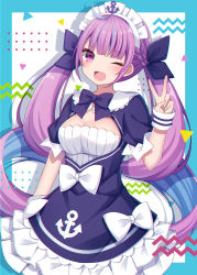 Rule 34 | 1girl, ;d, absurdres, ahoge, anchor, anchor symbol, blue bow, blue dress, blue hair, blush, bow, breasts, cleavage, colored inner hair, dress, frilled dress, frills, hair ribbon, hand up, highres, hololive, long hair, looking at viewer, maid headdress, medium breasts, minato aqua, minato aqua (1st costume), multicolored hair, one eye closed, open mouth, puffy short sleeves, puffy sleeves, purple eyes, purple hair, purple ribbon, ribbon, sapphire (sapphire25252), short sleeves, sidelocks, smile, solo, twintails, two-tone hair, v, very long hair, virtual youtuber, white bow, wristband