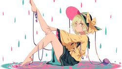 Rule 34 | 1girl, bare legs, barefoot, bow, frilled shirt collar, frilled sleeves, frills, full body, green eyes, green hair, green hat, hair between eyes, hat, hat bow, highres, knee up, koishi day, komeiji koishi, leg up, long sleeves, looking at viewer, miniskirt, multicolored hair, pink hair, shirt, short hair, simple background, sitting, skirt, smile, solo, thighs, third eye, touhou, tuck (tuck23978434), wavy hair, white background, wide sleeves, yellow bow, yellow shirt
