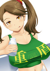 Rule 34 | 10s, 1girl, bottle, breasts, brown eyes, brown hair, cleavage, crop top, gundam, gundam build fighters, gundam build fighters try, huge breasts, licking lips, long hair, looking at viewer, midriff, milk bottle, navel, sazaki kaoruko, shirt, smile, solo, taut clothes, taut shirt, tomatto (@ma!), tongue, tongue out, twintails
