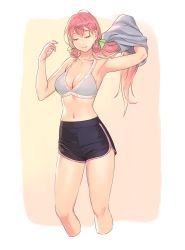 Rule 34 | 1girl, akashi (kancolle), alternate costume, armpits, arms up, bare arms, bare legs, bare shoulders, blush, bra, breasts, cleavage, closed eyes, closed mouth, collarbone, commentary request, cowboy shot, cropped legs, green ribbon, hair ribbon, highres, kantai collection, large breasts, long hair, navel, pink hair, ribbon, shirt, shorts, simple background, smile, solo, sports bra, tress ribbon, underwear, undressing, very long hair, yuuji (and)