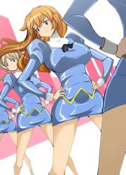 Rule 34 | 4girls, agent aika, aika (series), ascot, black ascot, blue delmo, blue eyes, blue jacket, blue skirt, braid, breasts, charlotte e. yeager, closed mouth, commentary request, cosplay, covered erect nipples, crossover, delmo, delmogeny uniform, floating hair, hands on own hips, jacket, juliet sleeves, large breasts, legs, light brown hair, lineup, long hair, long sleeves, lynette bishop, medium breasts, multiple girls, name john, orange hair, out of frame, pencil skirt, puffy sleeves, simple background, single braid, skirt, smile, standing, strike witches, uniform, v-shaped eyebrows, world witches series