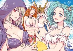 Rule 34 | 4girls, arm hug, blue hair, breasts, circlet, cleavage, final fantasy, final fantasy xiv, flower, green eyes, grey hair, hair flower, hair ornament, halone, helmet, hood, jewelry, large breasts, menphina, multiple girls, necklace, nophica, nymeia, orange hair, red eyes, reitomo, twintails, white hair, winged helmet