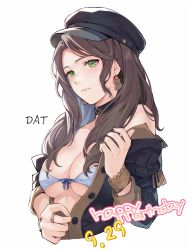 Rule 34 | 1girl, bare shoulders, black hat, black jacket, bra, breasts, brown hair, cabbie hat, choker, cleavage, commentary request, cropped torso, da-cart, dated, dorothea arnault, earrings, fire emblem, fire emblem: three houses, garreg mach monastery uniform, green eyes, hat, highres, jacket, jewelry, large breasts, long hair, long sleeves, looking at viewer, nintendo, off shoulder, ring, simple background, solo, underboob, underwear, upper body, white background, white bra