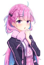 Rule 34 | 1girl, absurdres, adjusting scarf, ahoge, anchor symbol, black bow, black jacket, blazer, blue hair, blunt bangs, blush, bow, braid, cat hair ornament, earrings, enpera, hair bow, hair ornament, hairclip, heart, heart earrings, highres, hololive, jacket, jewelry, long sleeves, looking at viewer, looking to the side, minato aqua, minato aqua (school uniform), multicolored hair, nenechi, open clothes, open jacket, open mouth, pink hair, pink skirt, plaid, plaid skirt, purple eyes, purple scarf, scarf, school uniform, shirt, simple background, skirt, snowflakes, snowing, solo, streaked hair, two side up, upper body, virtual youtuber, white background, white shirt, x hair ornament