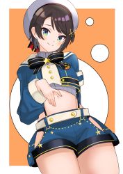 Rule 34 | 1girl, absurdres, alternate costume, armband, black bow, black bowtie, blue eyes, blue jacket, blue shorts, blush, bow, bowtie, brown hair, buttons, closed mouth, cropped jacket, cropped shirt, grey headwear, hat, high collar, highres, hip vent, hololive, jacket, long sleeves, midriff, navel, official alternate costume, oozora subaru, oozora subaru (work), panties, panty peek, pinstripe pattern, pinstripe shirt, sailor hat, shirt, short hair, shorts, sleeve cuffs, sleeveless, sleeveless shirt, split mouth, spread navel, star (symbol), striped clothes, striped shirt, suspender shorts, suspenders, taachika, underwear, vertical-striped clothes, vertical-striped shirt, virtual youtuber