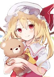 Rule 34 | 1girl, ame929, blonde hair, blush, closed mouth, collared shirt, commentary request, crystal, double-parted bangs, flandre scarlet, frilled shirt collar, frills, hat, hat ribbon, highres, holding, holding stuffed toy, long hair, looking at viewer, midriff peek, mob cap, one side up, puffy short sleeves, puffy sleeves, red eyes, red ribbon, red vest, ribbon, shirt, short sleeves, simple background, smile, solo, stuffed animal, stuffed toy, teddy bear, touhou, upper body, vest, white background, white hat, white shirt, wings