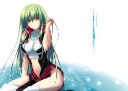 Rule 34 | 1girl, adjusting hair, blush, c.c., code geass, cover, covered collarbone, crop top, eyebrows hidden by hair, green hair, long hair, midriff, navel, see-through, sitting, sleeveless, sleeveless turtleneck, solo, submerged, thighhighs, thighs, translation request, turtleneck, very long hair, water, wet, white thighhighs, yellow eyes, zinno
