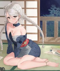 Rule 34 | 1girl, absurdres, ahoge, alternate costume, architecture, bare shoulders, barefoot, black bridal gauntlets, book, book stack, braid, breasts, bridal gauntlets, bush, buttons, choker, closed mouth, commission, commissioner upload, detached collar, east asian architecture, fire emblem, fire emblem fates, fire emblem heroes, grey eyes, hairband, hand on own chest, haru (nakajou-28), highres, indoors, japanese clothes, kimono, long hair, looking at viewer, low twintails, md5 mismatch, medium breasts, nail polish, night, nina (fire emblem), nintendo, non-web source, on floor, parted bangs, resolution mismatch, seiza, shouji, sitting, sliding doors, source smaller, tatami, toenail polish, toenails, twin braids, twintails, white hairband, yukata