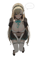 Rule 34 | ..., 1girl, apron, aqua bow, aqua bowtie, aqua eyes, asuna (blue archive), black dress, blonde hair, blue archive, blush, bow, bowtie, breasts, chela77, cleavage, dress, elbow gloves, garter straps, gloves, highres, large breasts, long hair, maid, maid headdress, mole, mole on breast, neckwear between breasts, nose blush, shadow, short sleeves, simple background, solo focus, spoken ellipsis, sweat, thighhighs, white apron, white background, white gloves, white thighhighs