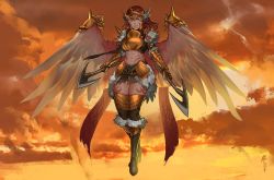 Rule 34 | 1girl, abs, angel, angel wings, armor, artist name, axe, belt, blue eyes, boots, braid, breastplate, brown hair, cloud, commentary, commission, copyright request, dual wielding, english commentary, floating, full body, fur-trimmed boots, fur trim, gauntlets, high heel boots, high heels, holding, knee boots, less, long hair, looking at viewer, midriff, multicolored hair, myrdion aurora, orange hair, orange sky, parted lips, red hair, sky, smile, solo, tattoo, thighhighs, two-tone hair, valkyrie, visor (armor), wings