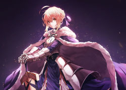 Rule 34 | 1girl, ahoge, armor, artoria pendragon (all), artoria pendragon (fate), blonde hair, blue cape, blue dress, blue ribbon, cape, closed mouth, dress, excalibur (fate/stay night), expressionless, eyelashes, fate/stay night, fate (series), fur-trimmed cape, fur trim, hair ribbon, hands on hilt, highres, holding, holding sword, holding weapon, juliet sleeves, long sleeves, looking at viewer, planted, planted sword, planted weapon, pro-p, puffy long sleeves, puffy sleeves, ribbon, saber (fate), short hair, solo, sword, upper body, weapon