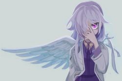 Rule 34 | 1girl, dress, hair over one eye, hand on own face, jacket, kishin sagume, long sleeves, looking at viewer, purple eyes, sakamoto (pompa), short hair, silver hair, simple background, single wing, solo, touhou, upper body, wings