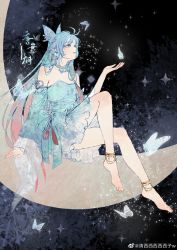 Rule 34 | 1girl, absurdres, anklet, bare legs, blue dress, blue hair, bug, butterfly, douluo dalu, dress, highres, insect, jewelry, legs, long hair, moon, on crescent, qing xixixixixizi w, sitting on moon, staring, tang wutong (douluo dalu)
