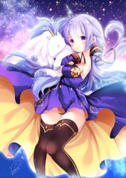 Rule 34 | 1girl, azuma yuki, azur lane, bare shoulders, black ribbon, black thighhighs, blush, breasts, commentary request, cosplay, detached sleeves, dress, hair ribbon, long hair, looking at viewer, medium breasts, parted lips, purple dress, purple eyes, purple hair, ribbon, signature, sky, solo, space, sparkle, star (sky), starry sky, stuffed animal, stuffed pegasus, stuffed toy, stuffed unicorn, stuffed winged unicorn, thighhighs, unicorn (azur lane), unicorn (little star songstress) (azur lane), very long hair, vocaloid, vocanese, xingchen, xingchen (cosplay)