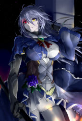 Rule 34 | 1girl, absurdres, black gloves, breasts, closed mouth, commentary, contrapposto, cowboy shot, gem, gloves, glowing, glowing eyes, gluteal fold, grey hair, hair between eyes, hand up, heterochromia, highres, holding, holding weapon, large breasts, legs apart, minarai tenna, neck ribbon, night, night sky, original, outdoors, pale skin, pants, pillar, purple lips, red eyes, revision, ribbon, serious, sky, slit pupils, solo, standing, star (sky), starry sky, weapon, white pants, yellow eyes