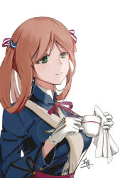 Rule 34 | 1girl, breasts, closed mouth, cup, girls&#039; frontline, gloves, green eyes, hair ornament, hair ribbon, highres, holding, holding cup, long hair, looking at viewer, looking away, military, military uniform, mo geng, neck ribbon, orange hair, red ribbon, ribbon, solo focus, springfield (girls&#039; frontline), uniform, white background, white gloves