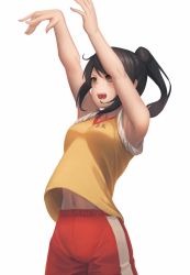 Rule 34 | 10s, 1girl, :d, armpits, arms up, black hair, body switch, breasts, brown eyes, clothes writing, commentary request, gym shorts, highres, kimi no na wa., midriff, miyamizu mitsuha, navel, open mouth, personality switch, ponytail, ranma (kamenrideroz), red shorts, shirt, shorts, simple background, sleeveless, sleeveless shirt, small breasts, smile, solo, sportswear, teeth, translation request, white background, yellow shirt